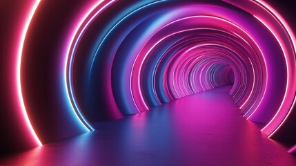 Naklejka premium Infinity tunnel of circular shapes, neon and metallic textures, endless journey, vibrant colors 