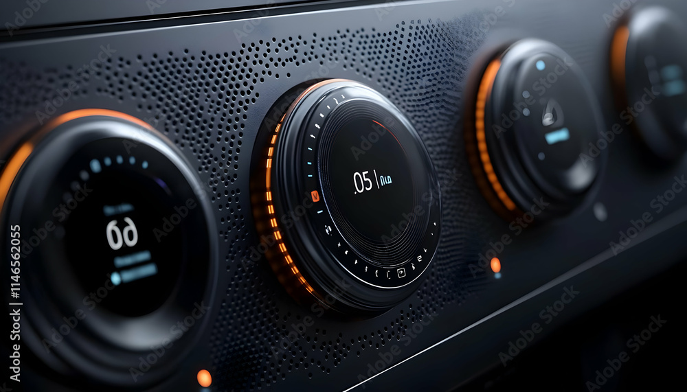 Poster close-up of modern control knobs with digital displays for temperature or settings adjustment.