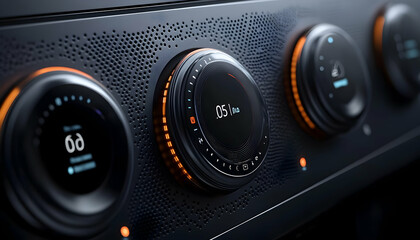 Fototapeta premium Close-up of modern control knobs with digital displays for temperature or settings adjustment.