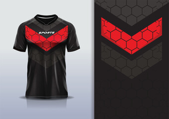 T-shirt mockup abstract sharp line hexagon sport jersey design for football, soccer, racing, esports, running, in red white black color