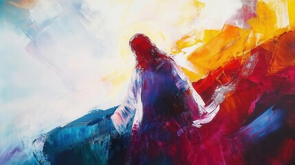 abstract religious art modern interpretation of jesus empty tomb scene with vibrant colors and dynamic brushstrokes on large contemporary canvas