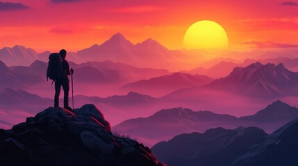 Fototapeta premium adventure seeker silhouetted against dramatic mountain sunset with backpack and hiking gear, ai generated outdoor exploration scene