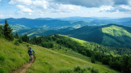 Fototapeta premium adventurous mountain biker navigating a thrilling trail through summer mountains, surrounded by lush greenery and breathtaking scenery, capturing the essence of freedom and outdoor exploration