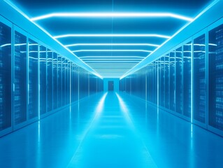 A futuristic data center hallway illuminated with blue lights and lined with server racks.