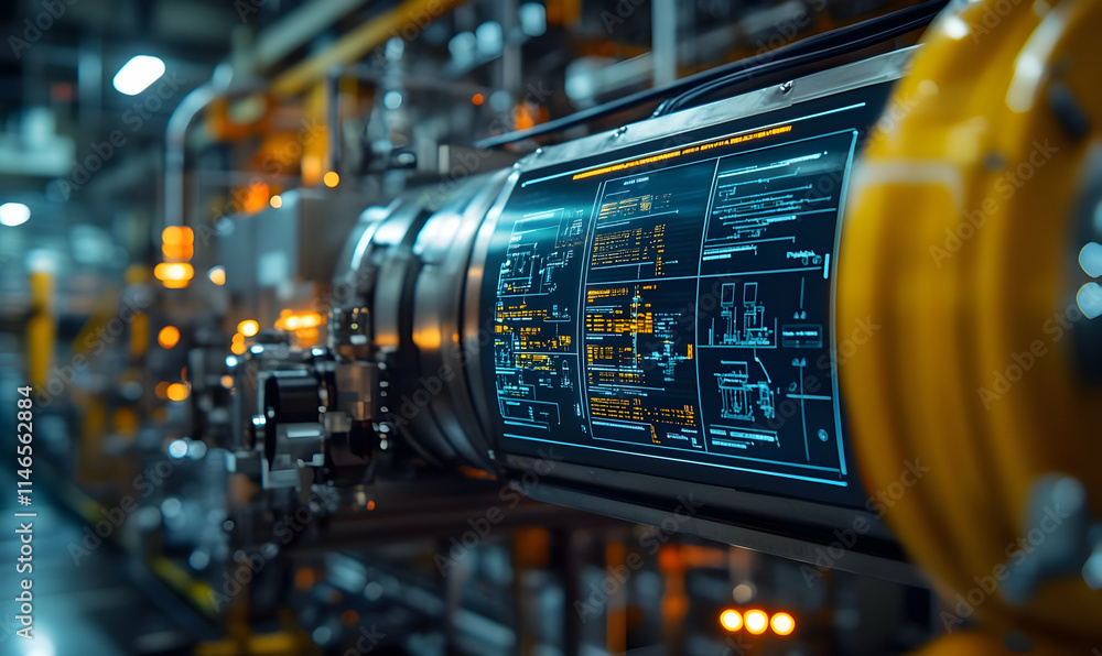 Poster close-up of industrial machinery with digital interface displaying technical schematics.