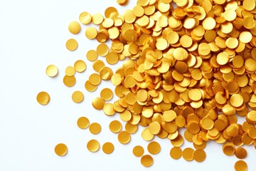 Shimmering Gold Foil Confetti on Pristine White Canvas. Perfect Abstract Backdrop for Birthdays, Holidays, or Festive Celebrations