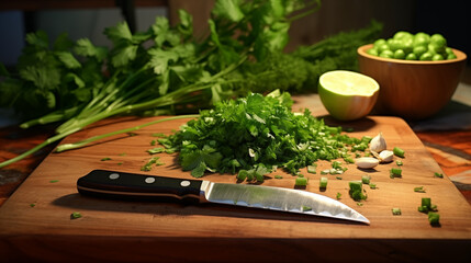 Freshly Chopped  coriander on a Wooden Cutting Board with Knife