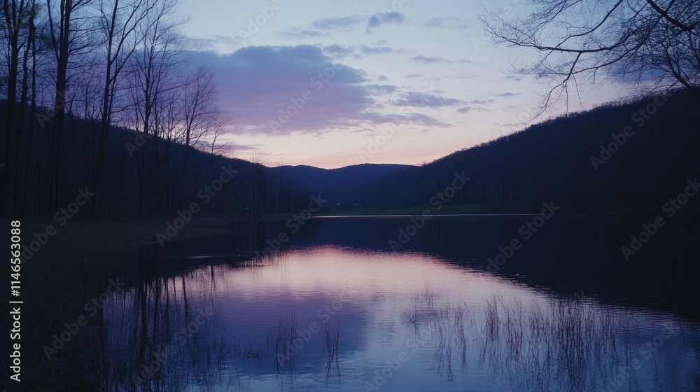 Poster serene twilight over a calm lake surrounded by mountains and trees.
