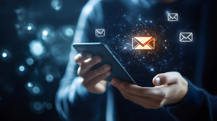 Hand holding a smartphone with glowing email icons floating in a futuristic digital background, perfect for communication, technology, email marketing, and innovation visuals