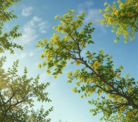 Obraz premium Individual branches with blooming flowers and leaves in shades of green and yellow against the pale blue of the sky, flower, foliage, outdoor
