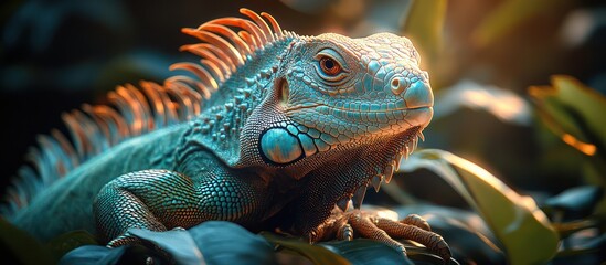 Obraz premium Vibrant Green Iguana in Tropical Foliage.
