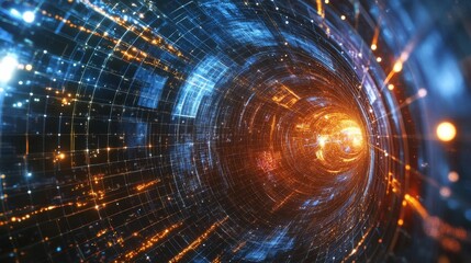 Abstract glowing tunnel; digital, gridded, vibrant.