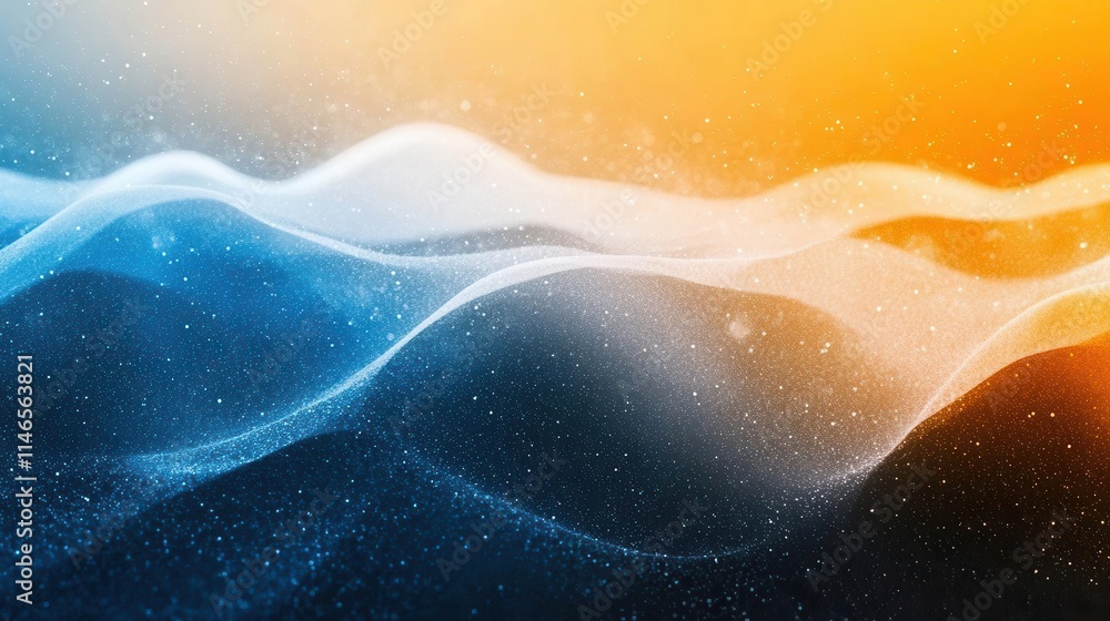 Poster atmospheric gradient background with grainy noise effect and flowing color waves in orange, blue, wh