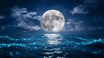 romantic and scenic panorama with full moon on sea to night 