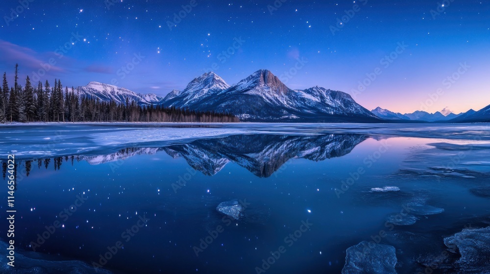 Poster serene winter landscape with mountains reflecting in a calm lake under a starry sky.