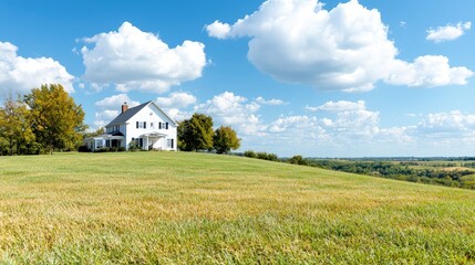 Obraz premium White farmhouse on hilltop overlooking rural landscape under a bright sunny sky with fluffy clouds.