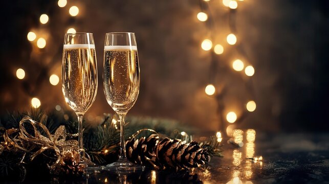 charming glasses of champagne sparkle in a festive setting adorned with twinkling lights, capturing the joy and celebration of the holiday season, conveying a sense of warmth and happiness