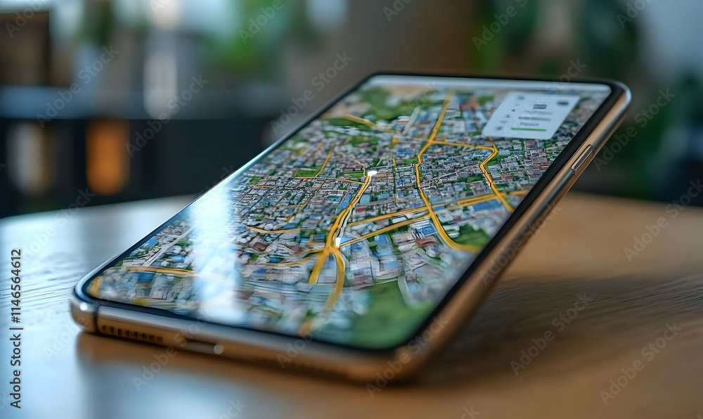 Poster a smartphone displaying a detailed map on a wooden surface.
