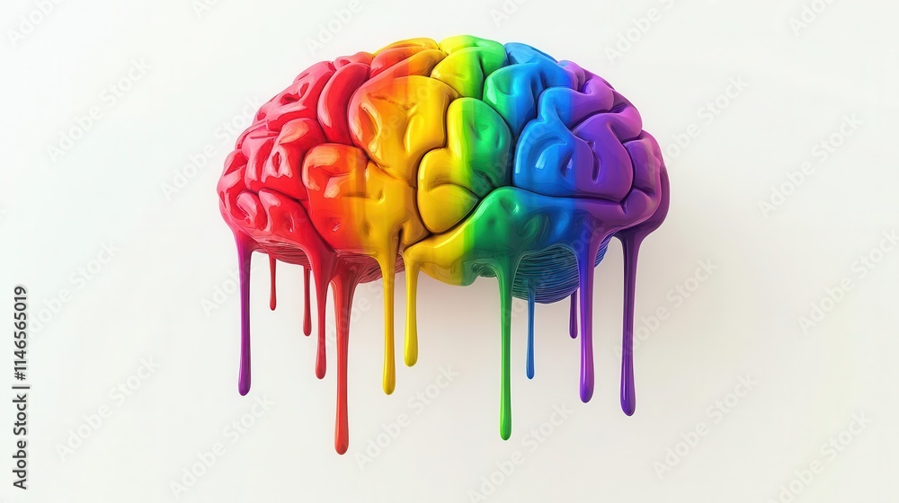 Aufkleber conceptual 3d rendering of colorful brain model melting with rainbow drips symbolizing mental health