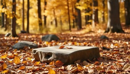 A serene autumn rock podium set in nature's warm embrace, ideal for seasonal product displays.