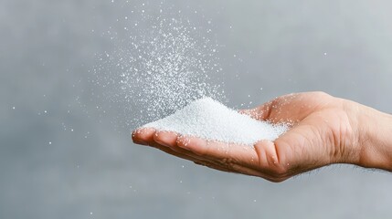 Hand holding white powder, grains scattering.
