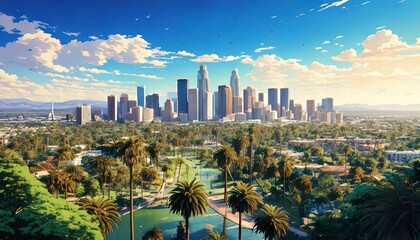 Downtown Los Angeles, Cityscape, Anime Background Art, Scenery, Illustration, Generative AI