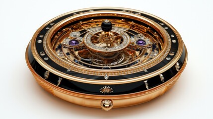 Ornate gold celestial clock with planetary details.