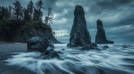 Majestic Rocky Coastline Under Mysterious Clouds with Foamy Waves and Towering Monoliths Surrounded by Dense Forests in a Dramatic Seascape Landscape