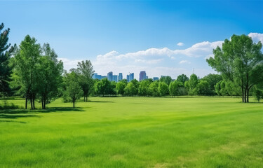 Naklejka premium Serene City Park with Lush Skyline View