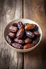 A tiny bowl of dates on a wooden table old