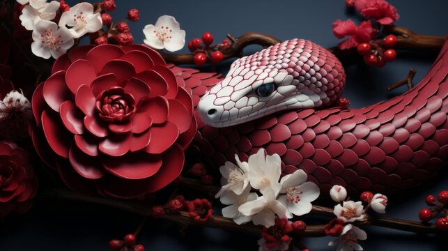 A snake is curled up next to a red flower