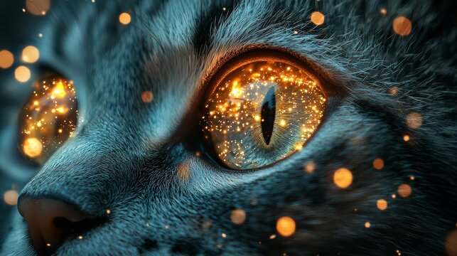 zoomed in image of adorable cute Chonky baby fat round big eyed robot cat's eyes with twinkling glowing christmas lights and stars reflected in its eyes, in blizzard, many strong glowing glittering li