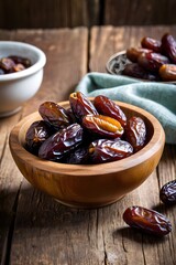 A tiny bowl of dates on a wooden table old