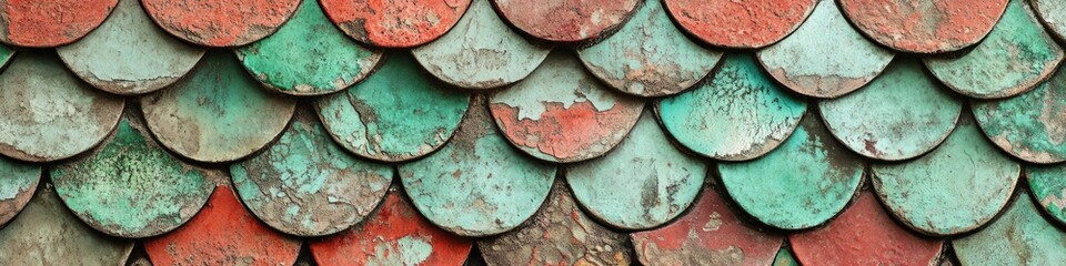 Vintage Moroccan Tiles: Worn Textured Background with Green and Red Arabesque Mermaid Scale Patterns
