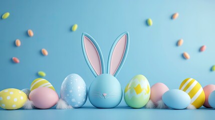Colorful eggs and big bunny ears, empty copy space blue background. Concept of Happy Easter, hunt, decoration and holiday sale. 3D rendering illustration 