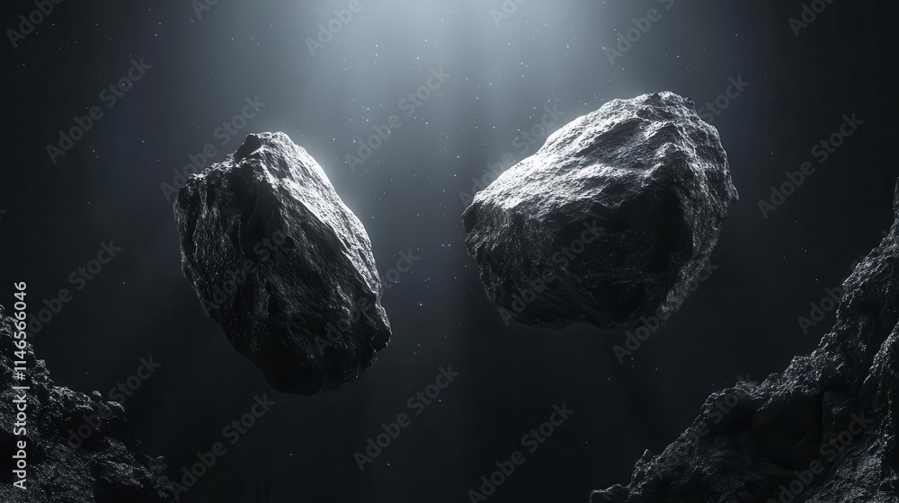 Poster detailed 3d rendering of realistic asteroids floating in deep space with dramatic lighting and textu