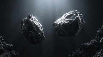Naklejka premium detailed 3d rendering of realistic asteroids floating in deep space with dramatic lighting and texture, cosmic exploration concept