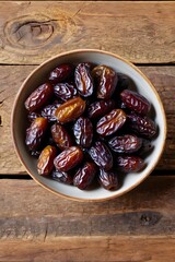 A tiny bowl of dates on a wooden table old