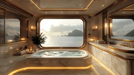 Naklejka na ściany i meble Luxurious yacht bathroom with ocean view, featuring a marble bathtub, gold accents, and large window.