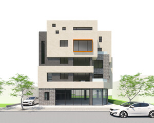 modern house in the street, 3d elevation modeling of a modern, multi-story building with a mix of residential and commercial architecture