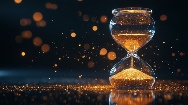 An hourglass with golden sand, glowing and sparkling in the dark background.