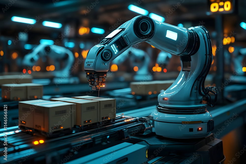 Poster robotic arm sorting packages on a conveyor belt in a high-tech warehouse setting.
