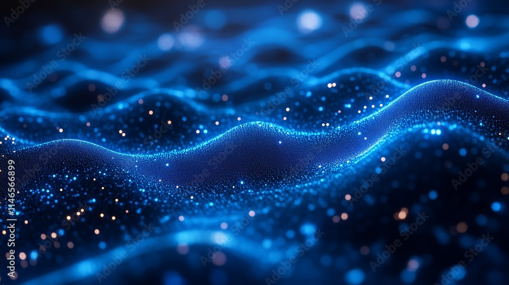 Poster an abstract dark background with blue lines and waves connecting with data.