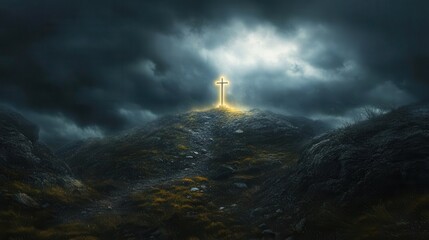 divine light breaking through storm clouds dramatic religious scene with illuminated cross on ancient golgotha hill during spiritual awakening