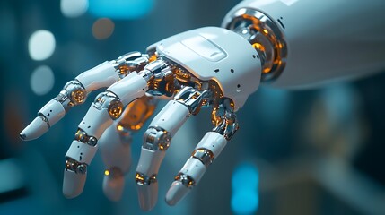 Close-up of a white robotic hand with glowing joints and chrome accents