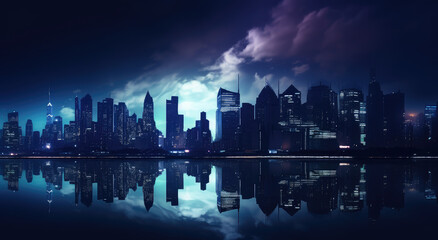 Fototapeta premium Midnight Mirage: Urban Skyline Reflection