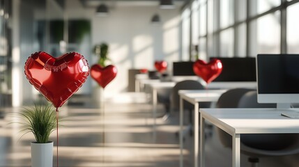 Modern office workspace decorated with red heart shaped foil balloons near each table.