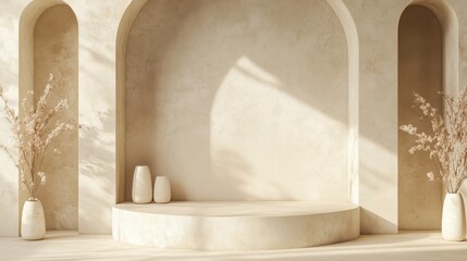 A minimal and elegant podium scene with arched beige wall elements.