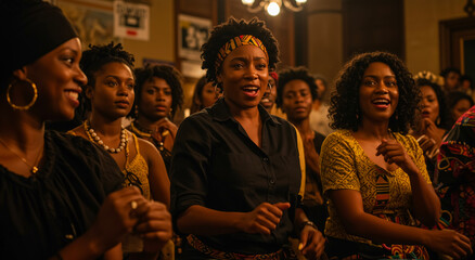 Singing, women and african ethnicity in choir with community, culture and gathering at event. Group, afro and people with emotion, happy or music with teamwork at ceremony or concert