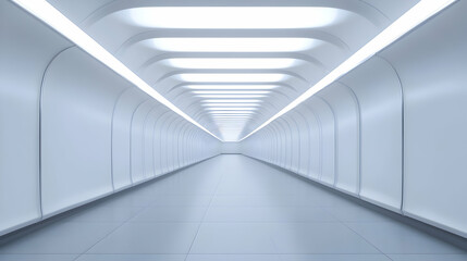 A modern, minimalistic hallway with bright lighting and clean lines.